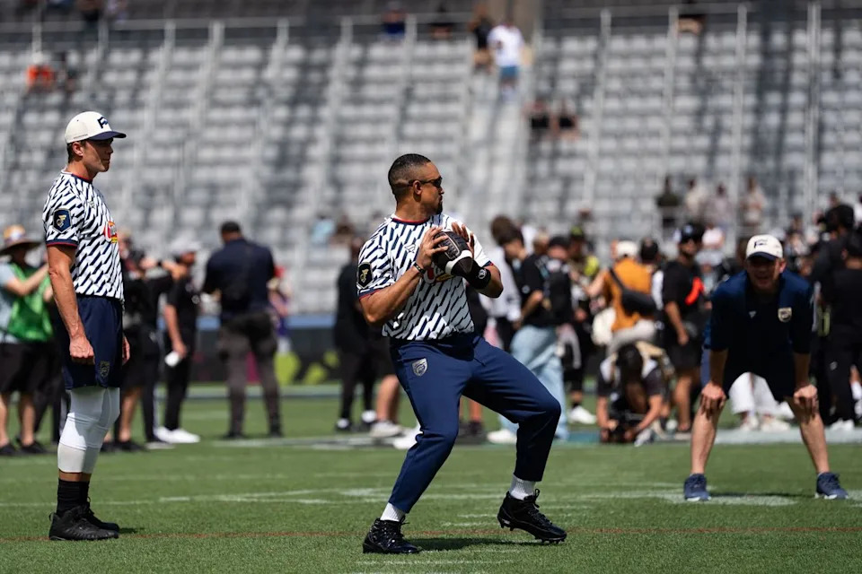 Team Founders quarterback Jalen Hurts (1) warms up ahead of the Fanatics Flag Football event, March 21, 2026, in Los Angeles.
