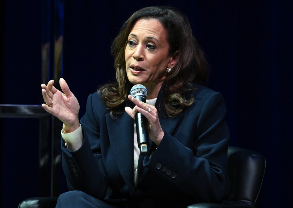 Former U.S. Vice President Kamala Harris speaks onstage during her "107 Days" book tour.