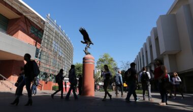 Students walk across campus beneath the Golden Eagle statue at Cal State LA, with modern buildings and a clear blue sky overhead.