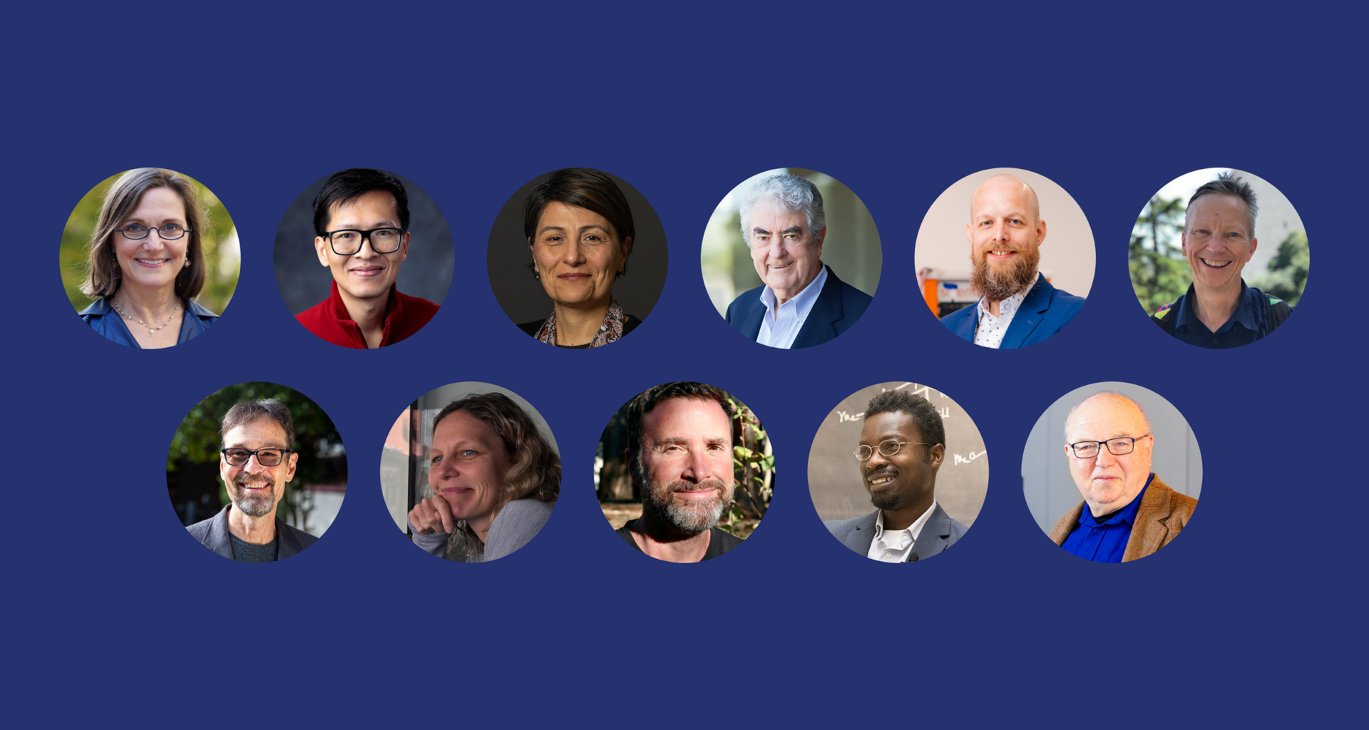 11 headshots in circular cutouts on a blue background