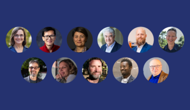 11 headshots in circular cutouts on a blue background