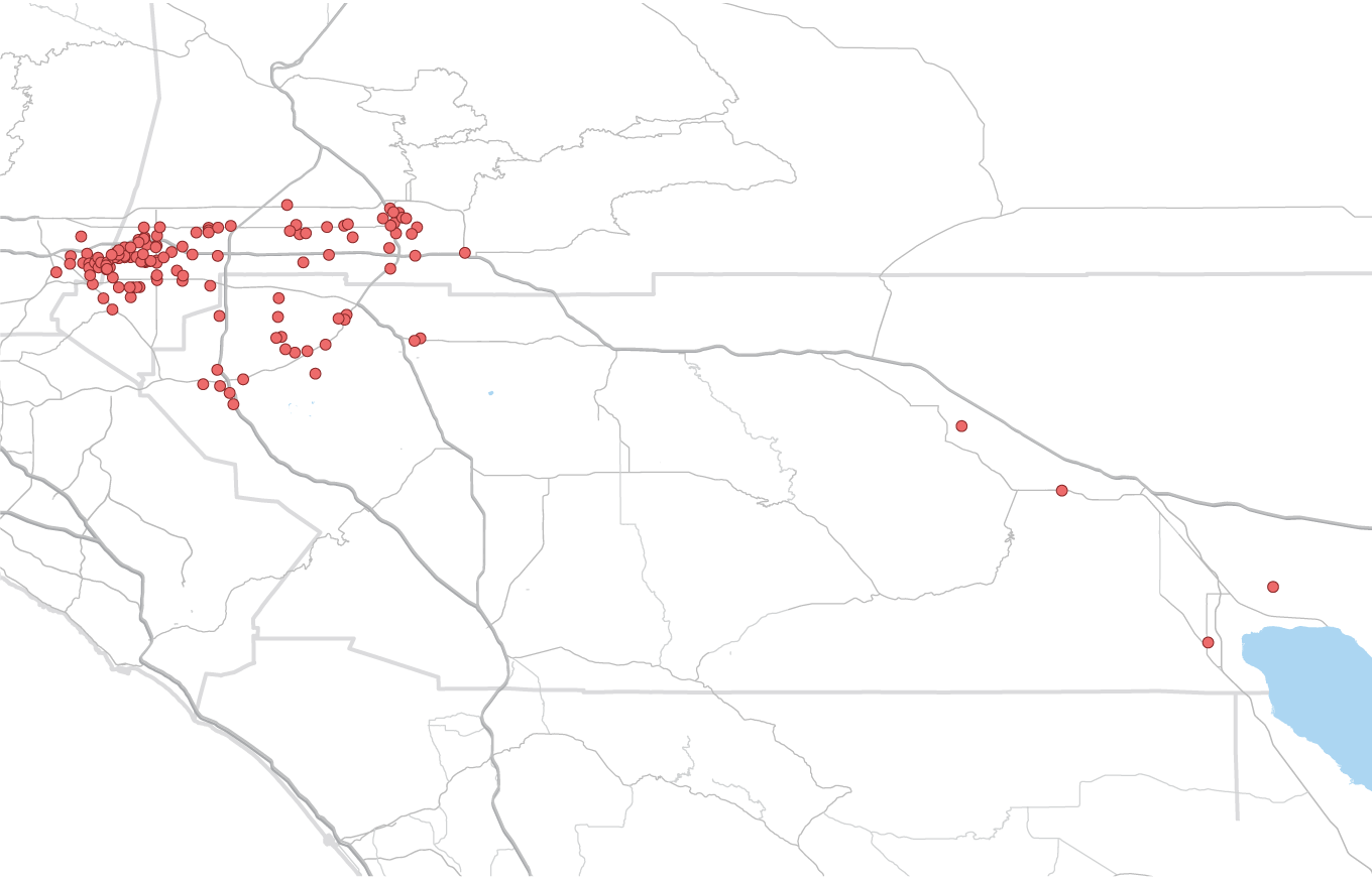 Map of southern California counties show  where IC4IJ volunteers placed signs marking where people were taken by ICE.