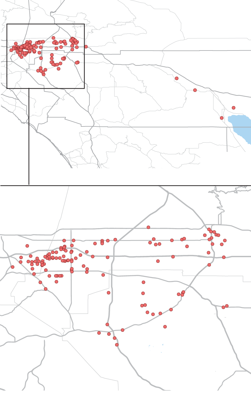 Map of southern California counties show  where IC4IJ volunteers placed signs marking where people were taken by ICE.