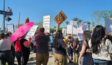 A few of the many protestors holding signs at the No Kings protest by River Park on March 28.