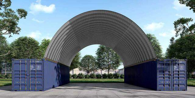 A rendering shows how shipping containers will be used to provide shelter over tents in the River District's safe camping site.