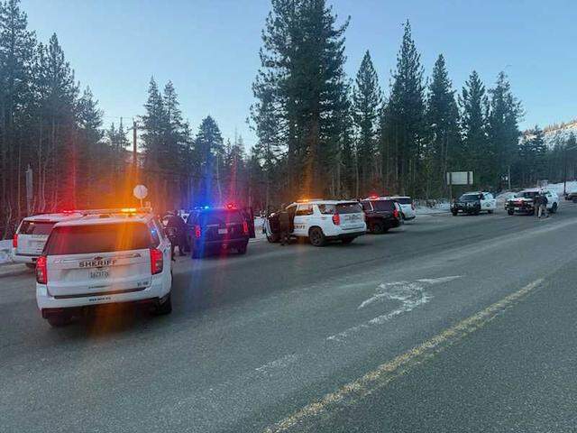El Dorado County sheriff’s deputies and California Highway Patrol officers conduct a felony stop on a white sedan on Highway 50 near South Upper Truckee Road west of Meyers, Calif., on Thursday, March 5, 2026. The driver was taken into custody around 8:45 a.m. after a pursuit that began in Rancho Cordova.
