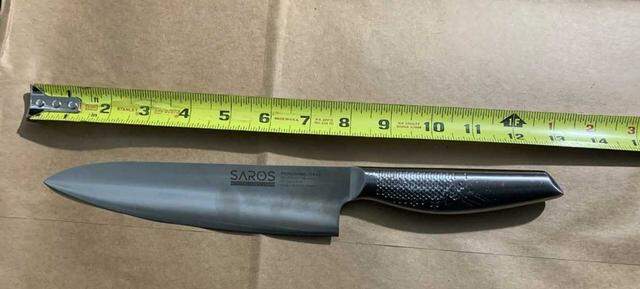 A kitchen chef's knife that officers say a man used on them before being shot by officers on Tuesday, March 11, 2025, outside an elementary school in the Northgate section of Sacramento. The Sacramento Police Department said one of its officers fired on the man, who was hospitalized.