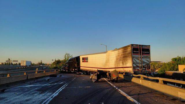 Areas of Sacramento’s Capital City Freeway were closed after a semi-truck carrying approximately 50,000 pounds of meat crashed and caught on fire Sunday. No injuries were reported. Areas of Sacramento’s Capital City Freeway were closed after a semi-truck carrying approximately 50,000 pounds of meat crashed and caught on fire Sunday. No injuries were reported.