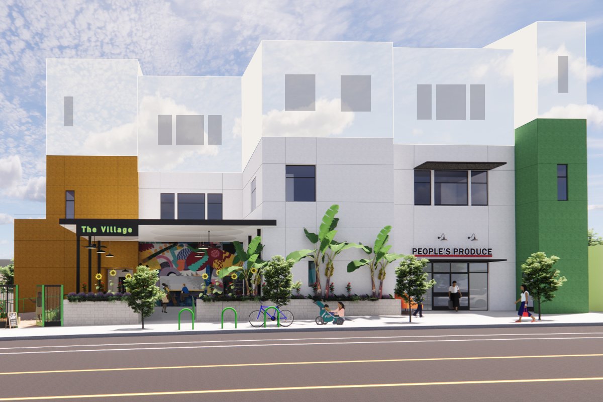 A rendering of The Village, a $10 million project that will integrate the Mt. Hope Community Garden and include a fresh‑food marketplace, prepared‑food vendor stalls, a commercial kitchen, and a community gathering space. (Credit: MW Steele Group)