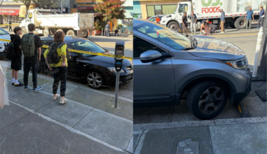Two photos side by side: left shows people and police tape near a black car on a city street; right shows a gray SUV parked over the curb.