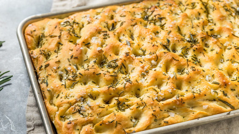 A pan of rosemary and sea salt focaccia