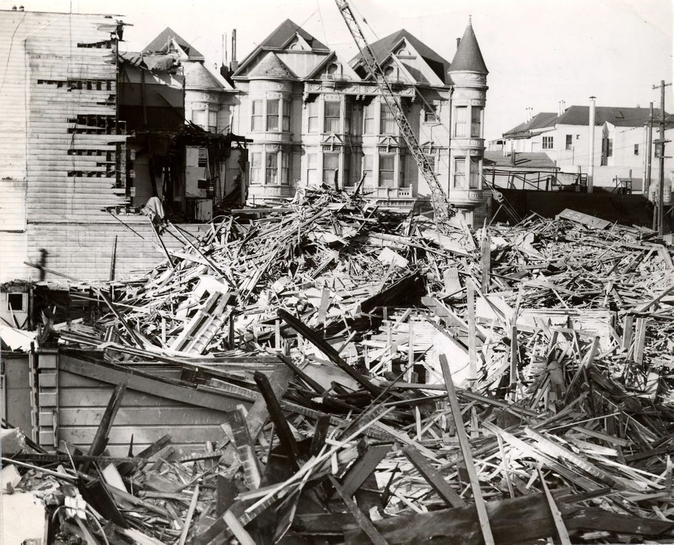the western addition in 1953 after demolition. urban renewal destroyed 2500 victorians and closed 883 businesses, nearly 20000 residents lost homes