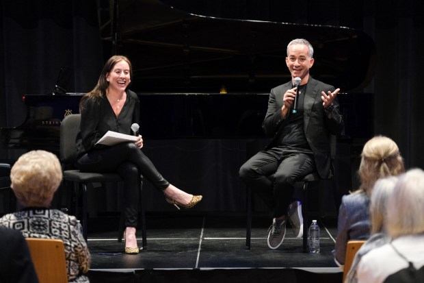 La Jolla Music Society Artistic Director Leah Rosenthal and SummerFest Music Director Inon Barnatan speak at a previous SummerFest musical prelude. (La Jolla Music Society)