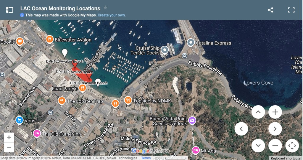 Satellite map of Avalon Beach on Catalina Island, showing ocean monitoring locations DPH118, DPH119, and DPH120 in red.