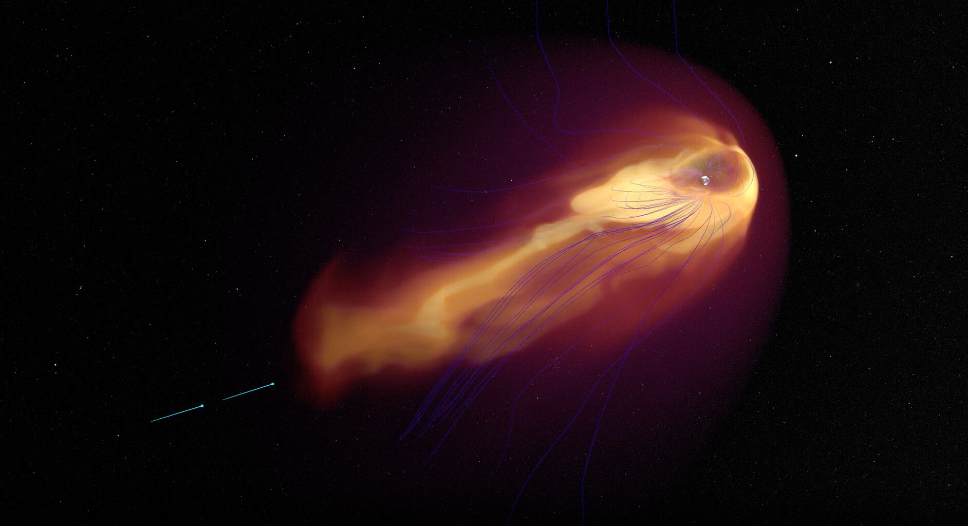 two blue streaks at the tail end of a tadpole-shaped are of red and yellow