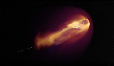 two blue streaks at the tail end of a tadpole-shaped are of red and yellow