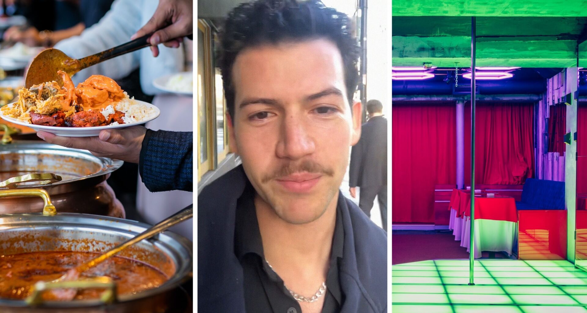 man eating buffet (l) man shares upcoming adventure (c) "skrip club" (r)