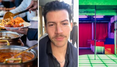 man eating buffet (l) man shares upcoming adventure (c) "skrip club" (r)