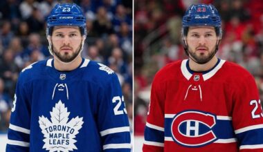 Mason McTavish NHL trade rumors concept image: Split-screen portrait wearing Toronto Maple Leafs and Montreal Canadiens jerseys.