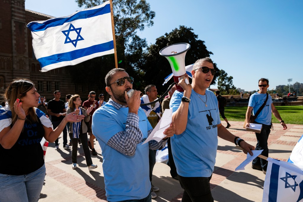 Members of the Jewish community and allies protest against anti-Semitism and the National Students for Justice in Palestine conference at UCLA.
