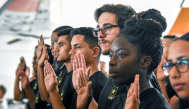 A line of young U.S. Army recruits, men and women of different races and ethnic backgrounds, stands in a line with right hands raised.
