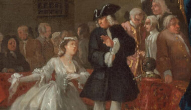 An 18th-century oil painting of a theatrical or social scene featuring a woman in a white gown and a man in a dark frock coat. To the right, a small Black figure is positioned behind a table, surrounded by onlookers in period dress.