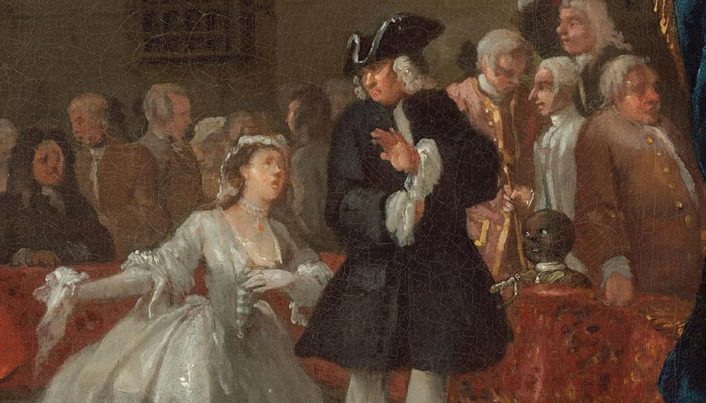 An 18th-century oil painting of a theatrical or social scene featuring a woman in a white gown and a man in a dark frock coat. To the right, a small Black figure is positioned behind a table, surrounded by onlookers in period dress.