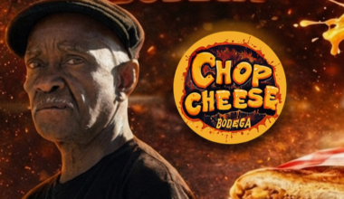 man next to a chop cheese bodega logo