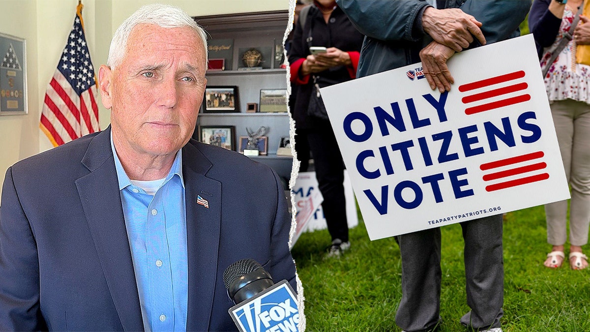 Mike Pence and a SAVE America Act sign that reads "ONLY CITIZENS VOTE" split