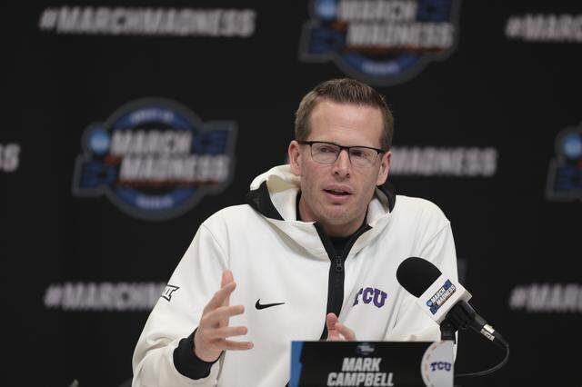 TCU's head coach Mark Campbell answers questions during a press conference at the Sacramento Regional on Sunday, March 29, 2026. USC plays TCU in an Elite Eight matchup.