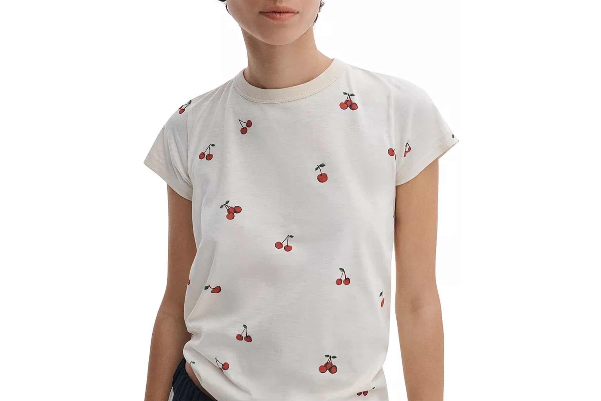 A white short-sleeved t-shirt with a scattered cherry pattern.