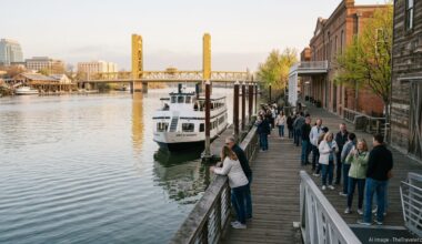 Passengers board a river cruise boat at the Old Sacramento waterfront on a warm spring evening.
