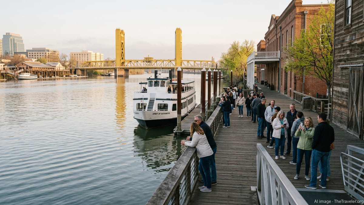 Passengers board a river cruise boat at the Old Sacramento waterfront on a warm spring evening.