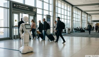 Humanoid service robot assisting travelers in a busy concourse at San José Mineta International Airport.