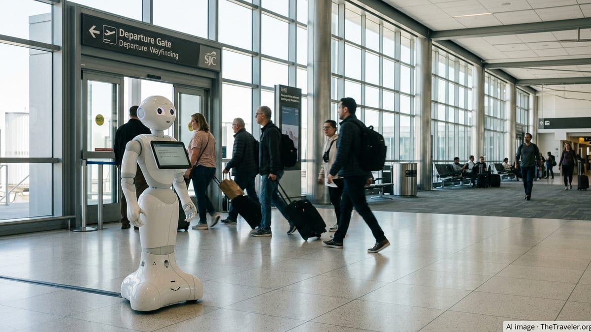 Humanoid service robot assisting travelers in a busy concourse at San José Mineta International Airport.
