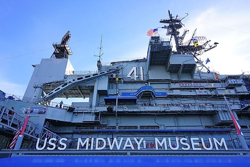 Exterior view of the USS Midway aircraft carrier museum at Navy Pier in downtown San Diego, California