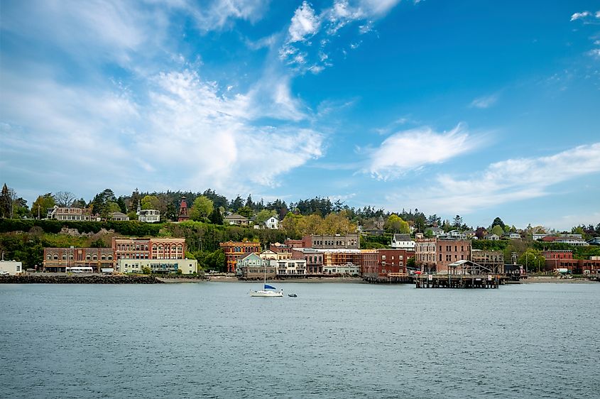 Historic buildings along the waterfront in Port Townsend, Washington.