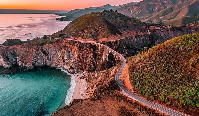 Bixby Bridge on Highway 1 and Big Sur along the Pacific Ocean coast.