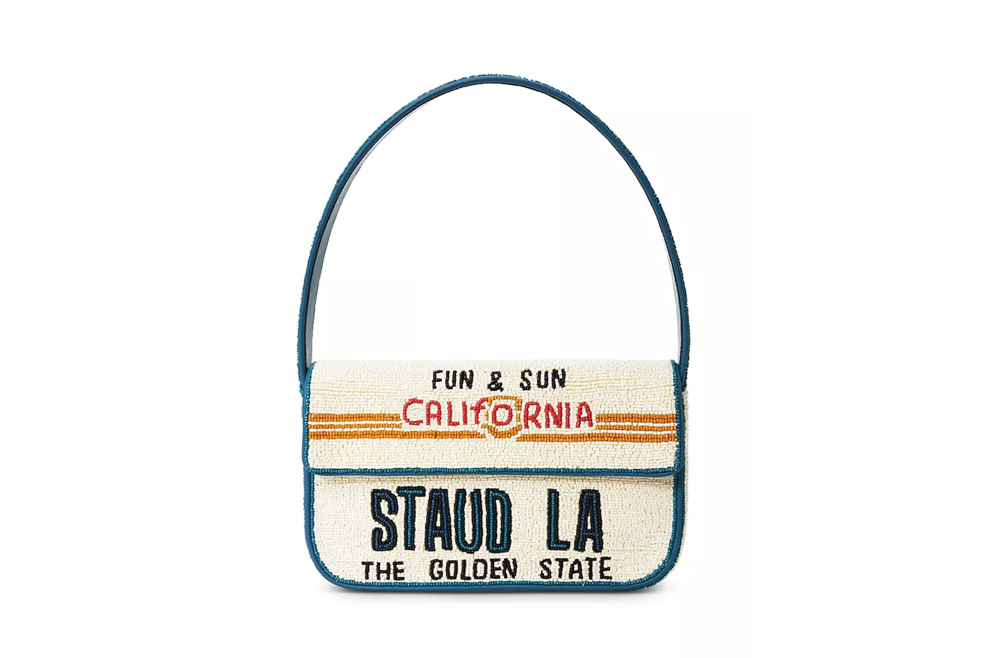 White beaded bag with "Fun & Sun CALIFORNIA" and "STAUD LA THE GOLDEN STATE" written on it.