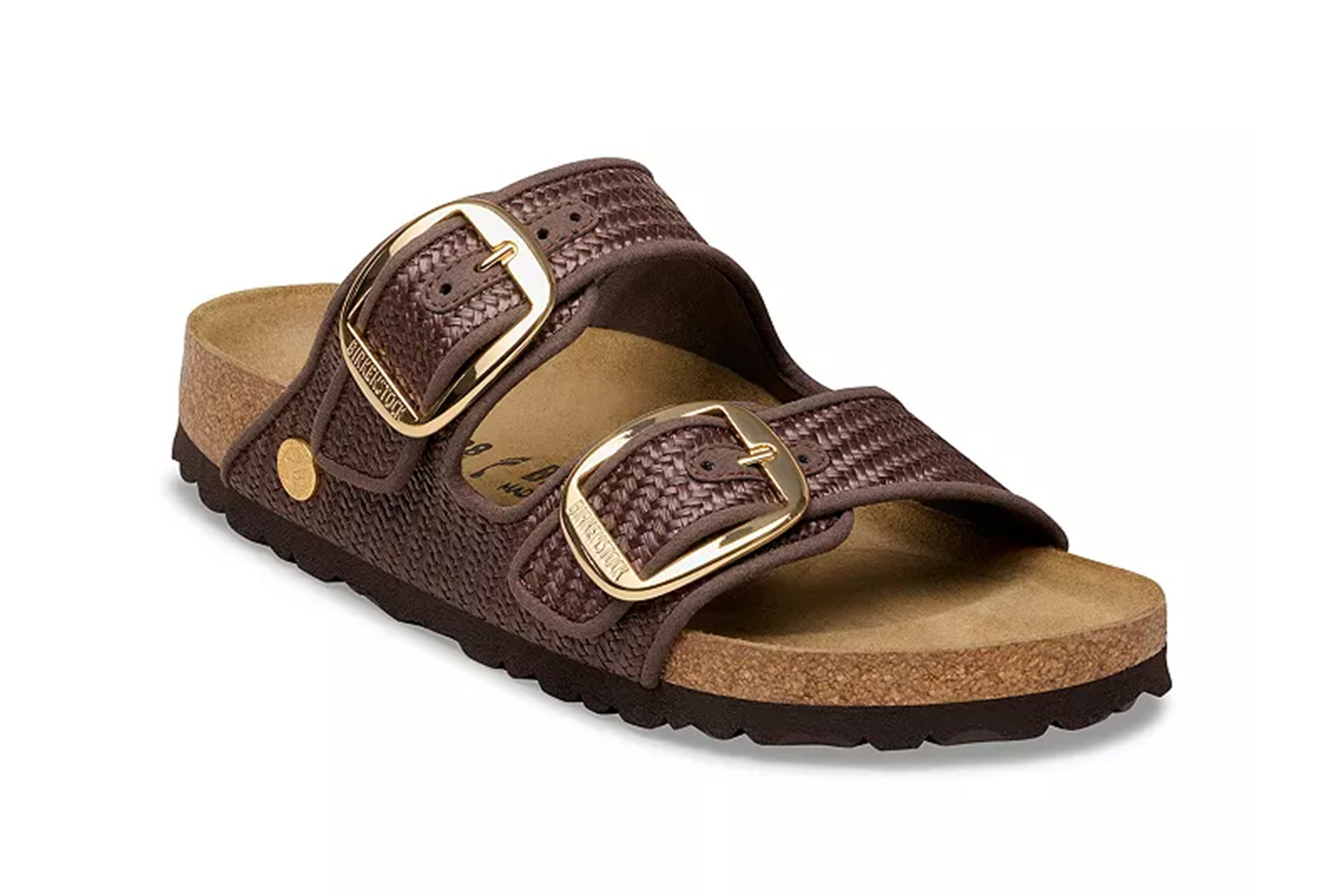 A single brown Birkenstock Arizona sandal with woven texture and gold buckles.