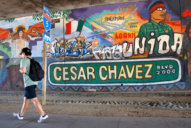 A mural honoring Cesar Chavez in Barrio Logan is shown on March 18, 2026, in San Diego.  (K.C. Alfred / The San Diego Union-Tribune)