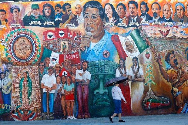 A historic mural honoring Cesar Chavez and other Latino leaders  including United Farm Workers co-founder Dolores Huerta, who says Chavez raped her decades ago  is seen in Barrio Logan on March 18, 2026, in San Diego.  (K.C. Alfred / The San Diego Union-Tribune)