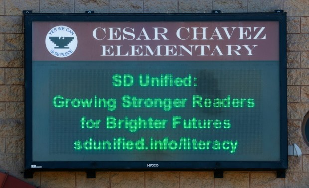 A marquee at Cesar Chavez Elementary School is seen on March 18, 2026, in San Diego. (K.C. Alfred / The San Diego Union-Tribune)