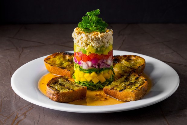The Polynesian crab stack appetizer at Roppongi Restaurant & Lounge in La Jolla. (James Tran)