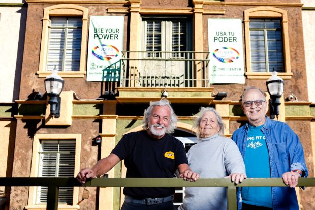 Ted Callam, Elaine Lewis and Charles Kaminski pose for a photo outside the LGBT Community Center on Friday, Feb. 27, 2026 in San Diego. (Meg McLaughlin / The San Diego Union-Tribune)