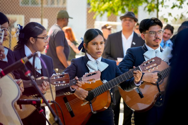 A local mariachi band entertained the crowd during the ceremony at the Logan Heights Library in San Diego on Friday, March 13, 2026, to celebrate the unveiling of the new lowrider stamps. (Nelvin C. Cepeda / The San Diego Union-Tribune)