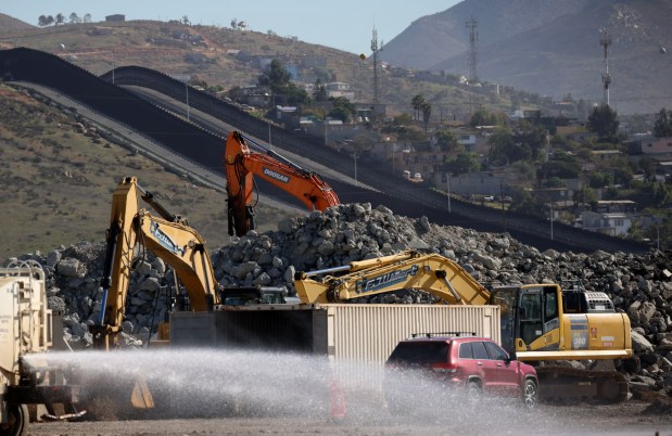 View of recycled materials at the new Otay Mesa Port of Entry, which is under construction on Tuesday, November 25, 2025 in Otay Mesa. Recycled materials obtained from the demolition of San Diego's Terminal 1 are being used to build the new Otay Mesa port of entry.(Photo by Sandy Huffaker for The San Diego Union-Tribune)