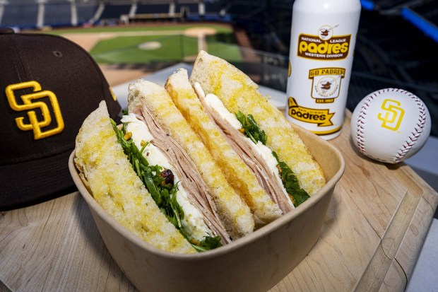Gelati & Peccati's mortadella sandwich is one of the new food items that will be offered at Petco Park for the San Diego Padres' 2026 season. (Armond Feffer / San Diego Padres)