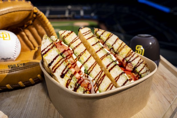Gelati & Peccati's caprese sandwich is one of the new food items that will be offered at Petco Park for the San Diego Padres' 2026 season. (Armond Feffer / San Diego Padres)