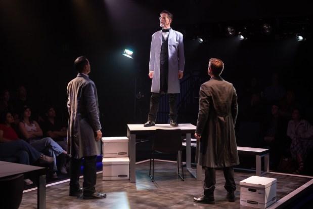 Steven Lone, left, Bruce Turk and Jacob Caltrider in Cygnet Theatre's production of Stefano Massini's play "The Lehman Trilogy." (Karli Cadel)